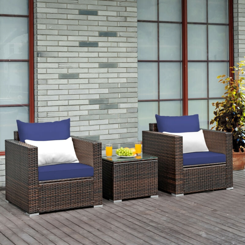 3 Pcs Patio Rattan Furniture Set With Cushion, Blue Patio Conversation Sets at Gallery Canada