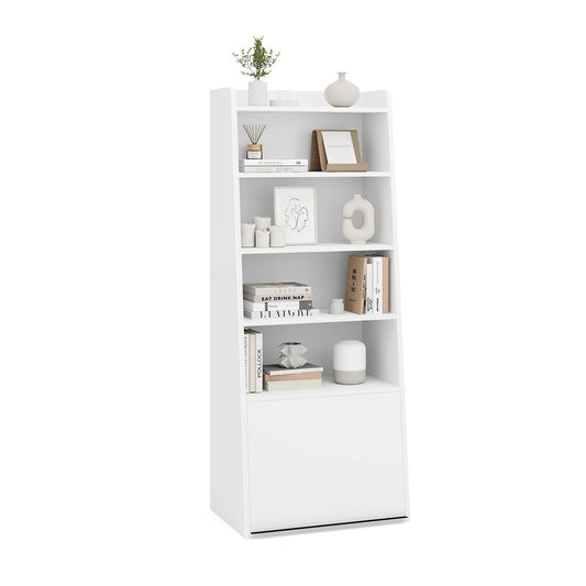 6-Tier Bookcase Freestanding Ladder Bookshelf with 2 Adjustable Shelves and Flip Up Door, White