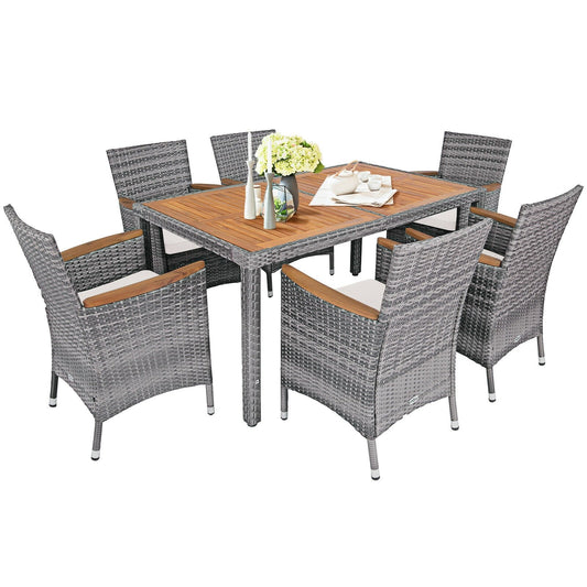 7 Pieces Patio Acacia Wood Cushioned Rattan Dining Set, Brown at Gallery Canada