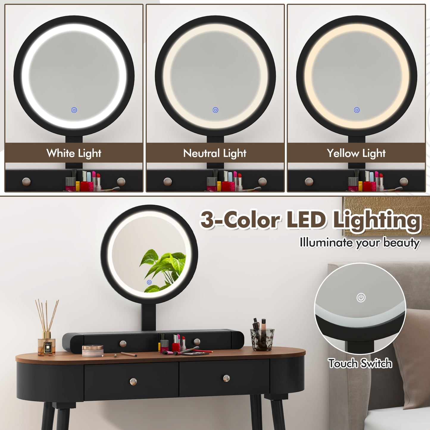 Makeup Vanity Table Set With LED Mirror, 3 Drawers, Black Makeup Vanities at Gallery Canada