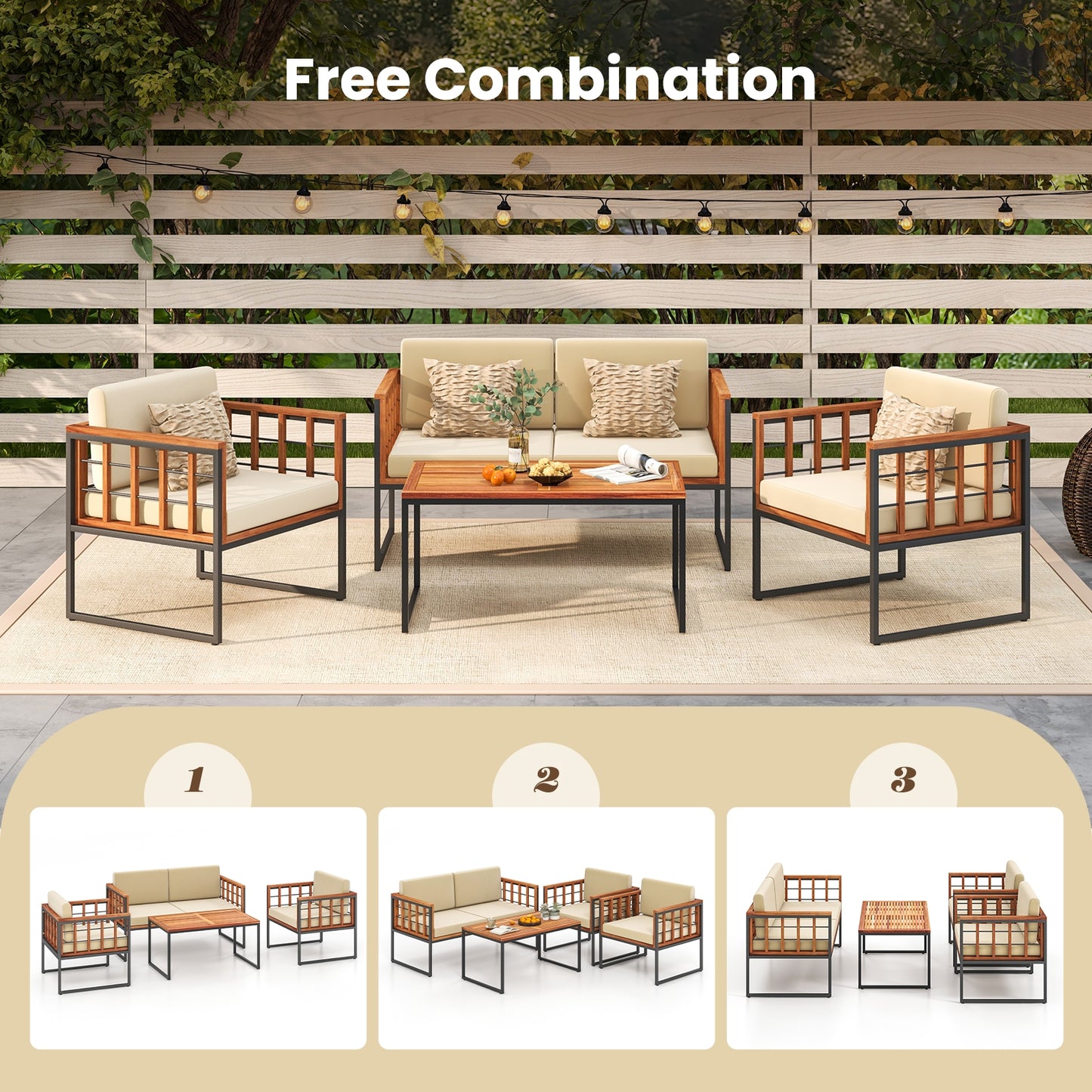 4 Pieces Acacia Wood Outdoor Sofa Set for Balcony Porch Backyard Poolside Outdoor Sectionals at Gallery Canada