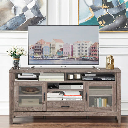 Tall TV Stand with Glass Storage and Drawer, Walnut at Gallery Canada