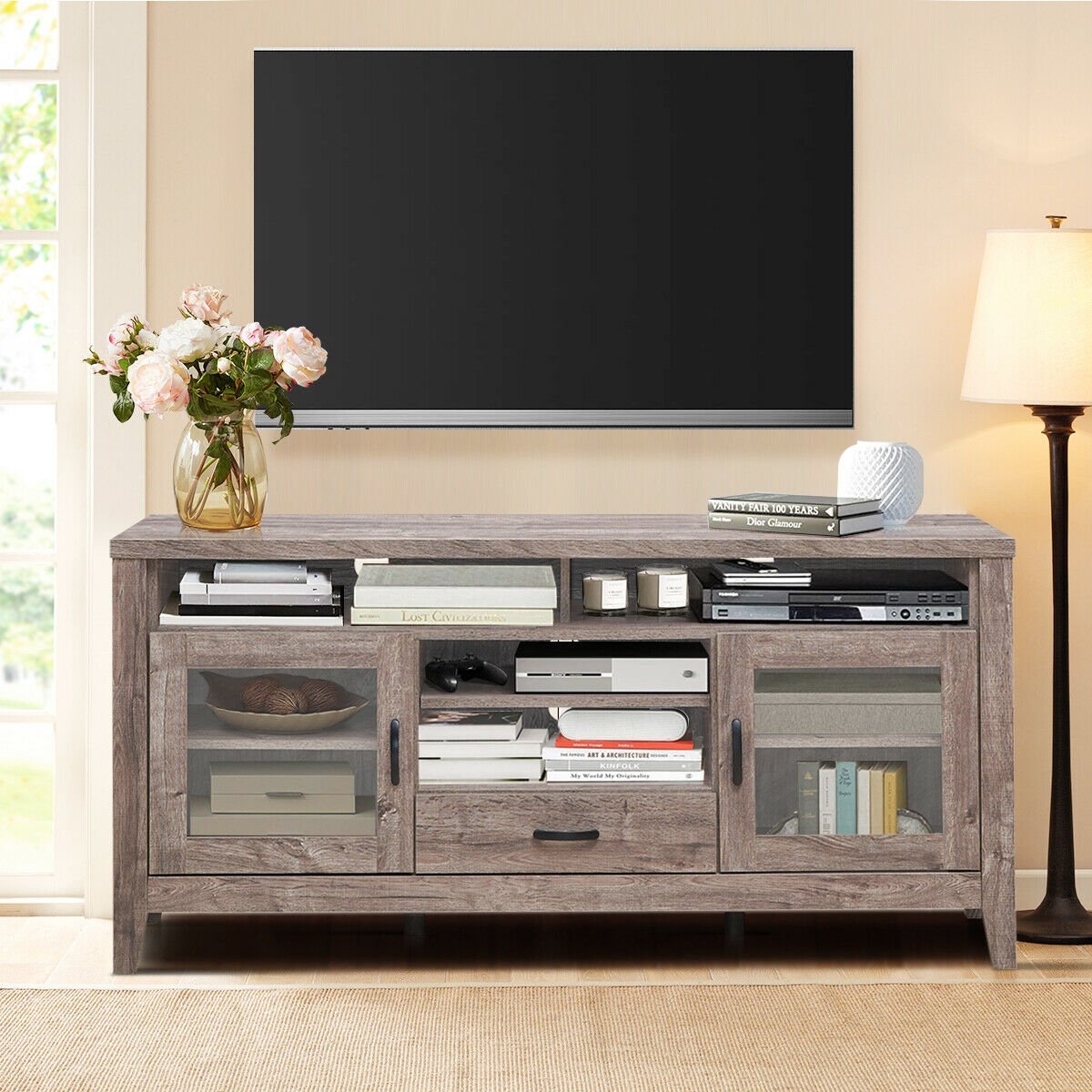 Tall TV Stand with Glass Storage and Drawer, Walnut at Gallery Canada