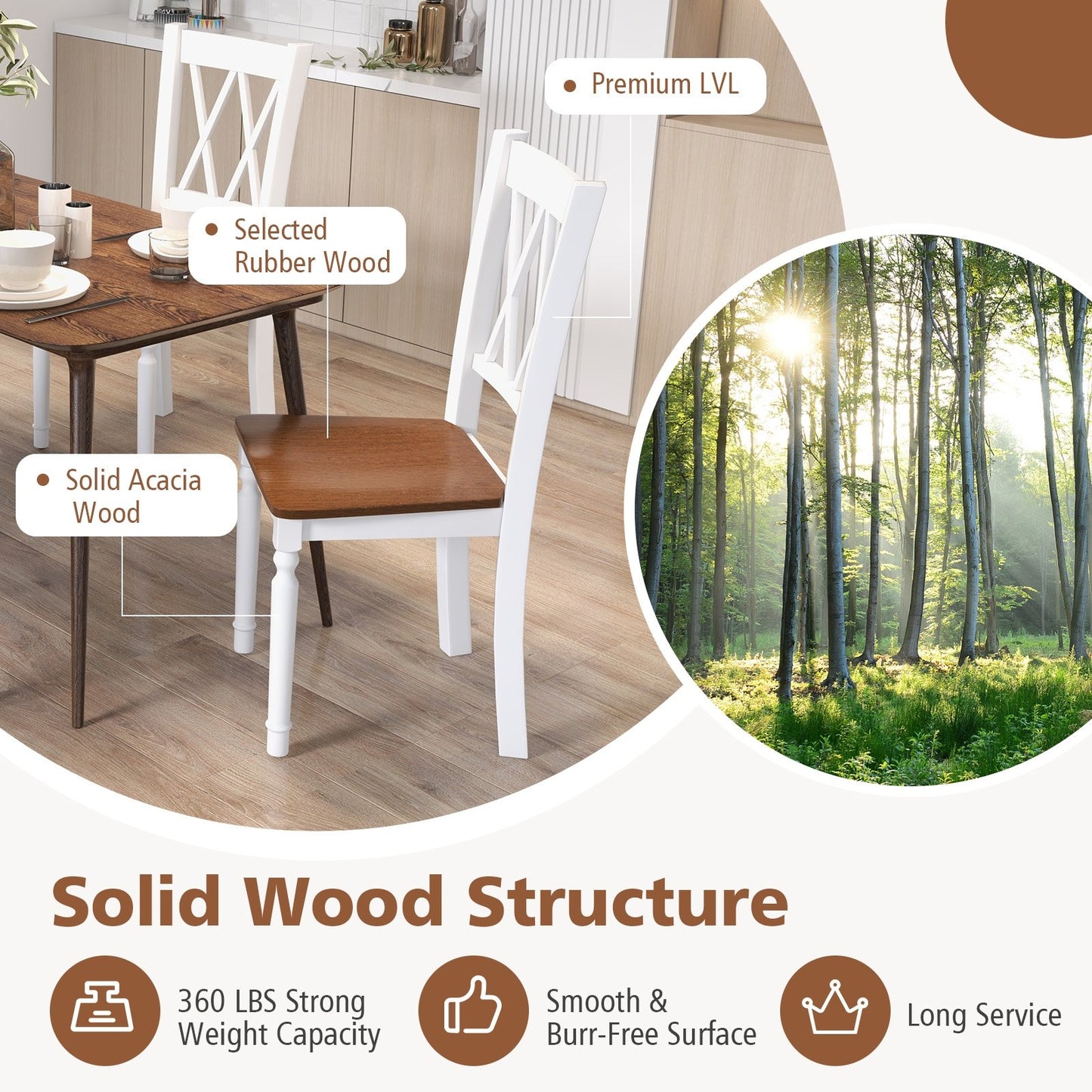 Set of 2 Wooden Farmhouse Kitchen Chairs with Rubber Wood Seat-2 Pieces