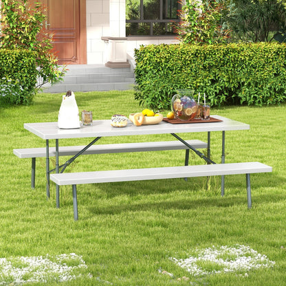 Folding Picnic Table Set with Metal Frame and All-Weather HDPE Tabletop  Umbrella Hole, Gray