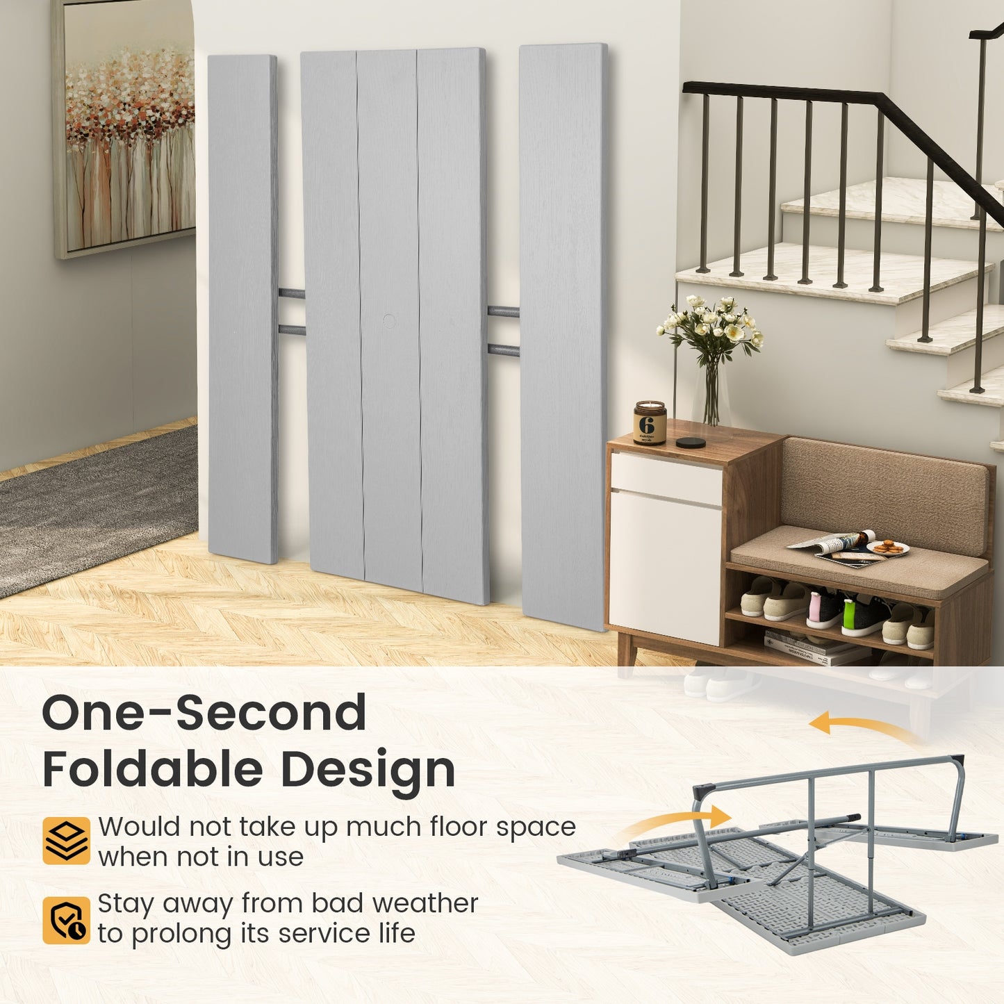 Folding Picnic Table Set with Metal Frame and All-Weather HDPE Tabletop Umbrella Hole, Gray Outdoor Seating & Patio Chairs at Gallery Canada