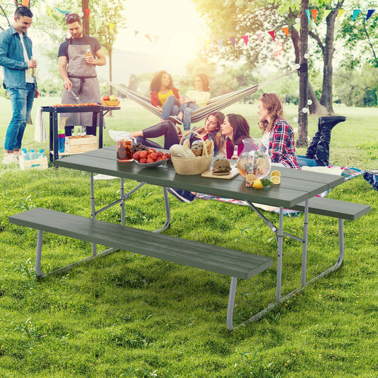 Folding Picnic Table Set with Metal Frame and All-Weather HDPE Tabletop Umbrella Hole, Green Outdoor Seating & Patio Chairs Green at Gallery Canada