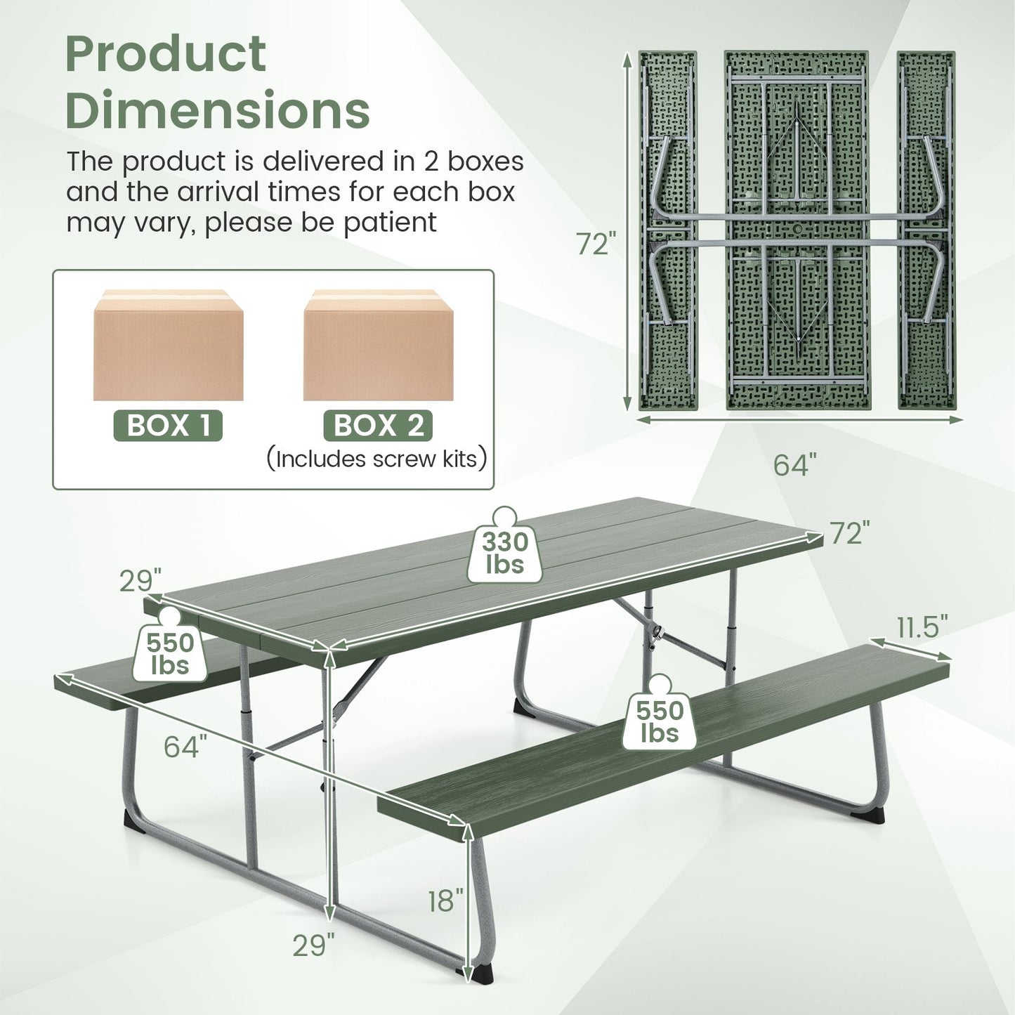 Folding Picnic Table Set with Metal Frame and All-Weather HDPE Tabletop  Umbrella Hole, Green