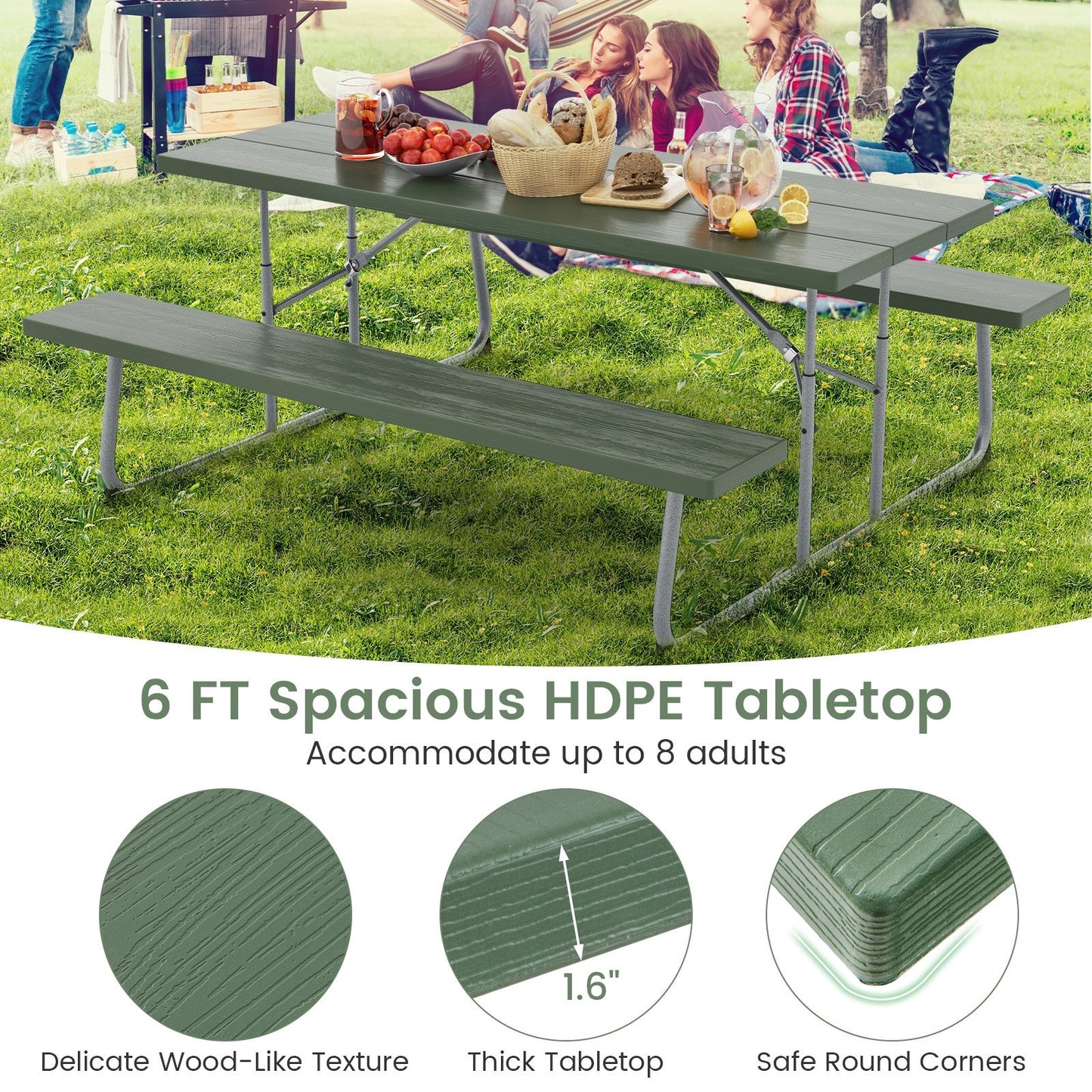 Folding Picnic Table Set with Metal Frame and All-Weather HDPE Tabletop  Umbrella Hole, Green at Gallery Canada
