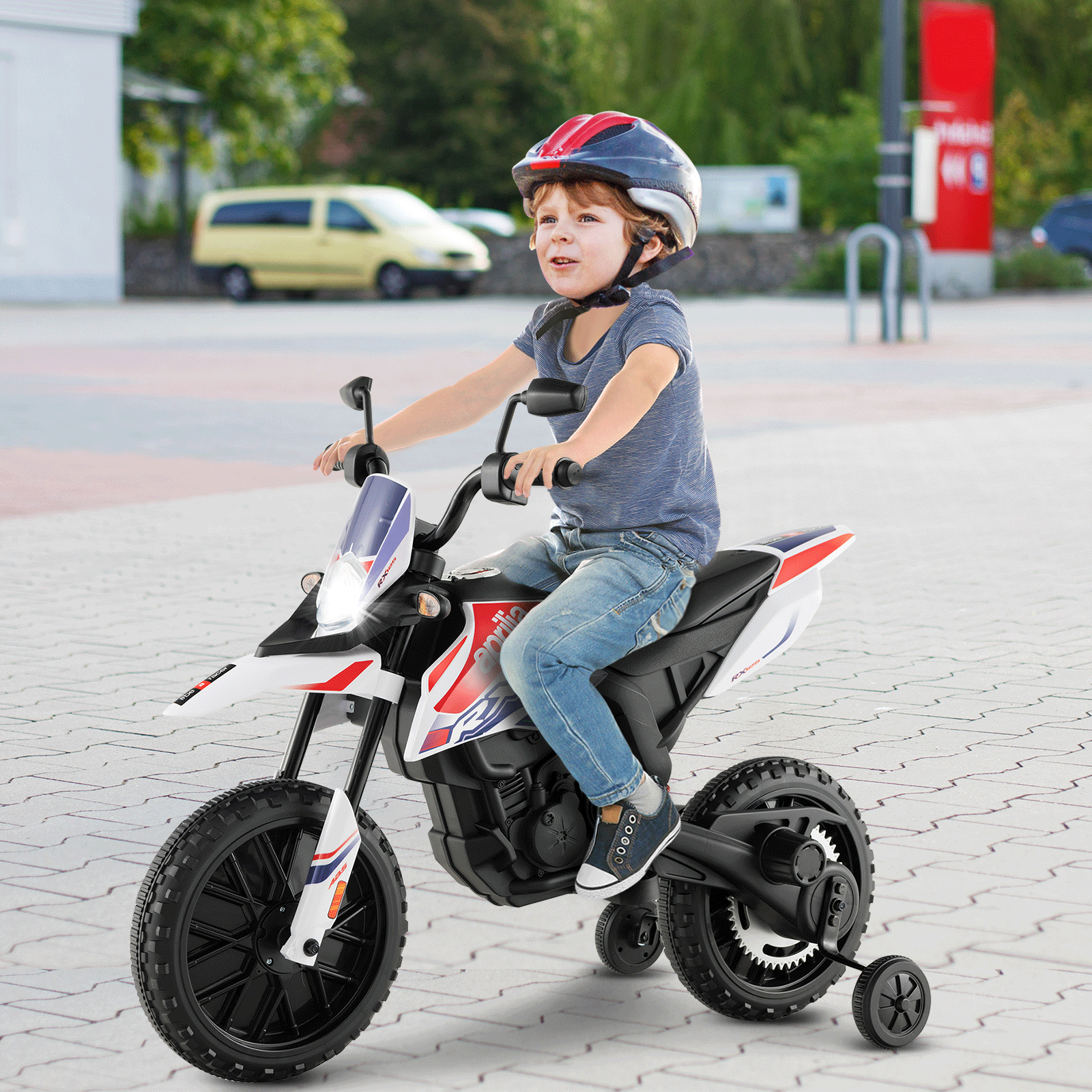 Aprilia Licensed Kids Ride On Motorcycle with 2 Training Wheels, White at Gallery Canada