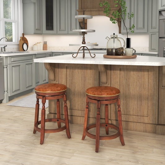 24 Inch Swivel Bar Stool Set, Upholstered Seat, Rubber Wood Frame, Brown Bar Stools Brown at Gallery Canada