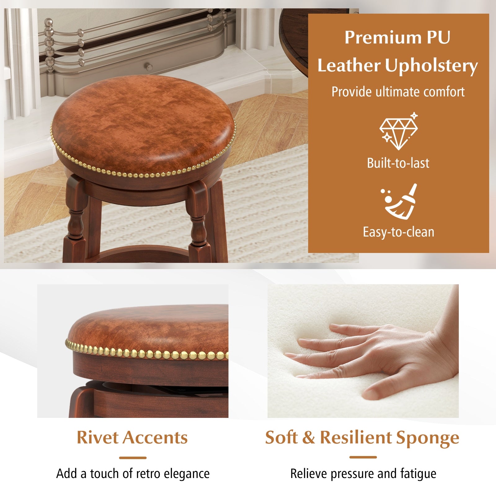 24 Inch Swivel Bar Stool Set of 2 with Upholstered Seat and Rubber Wood Frame-24 inches, Brown Bar Stools at Gallery Canada