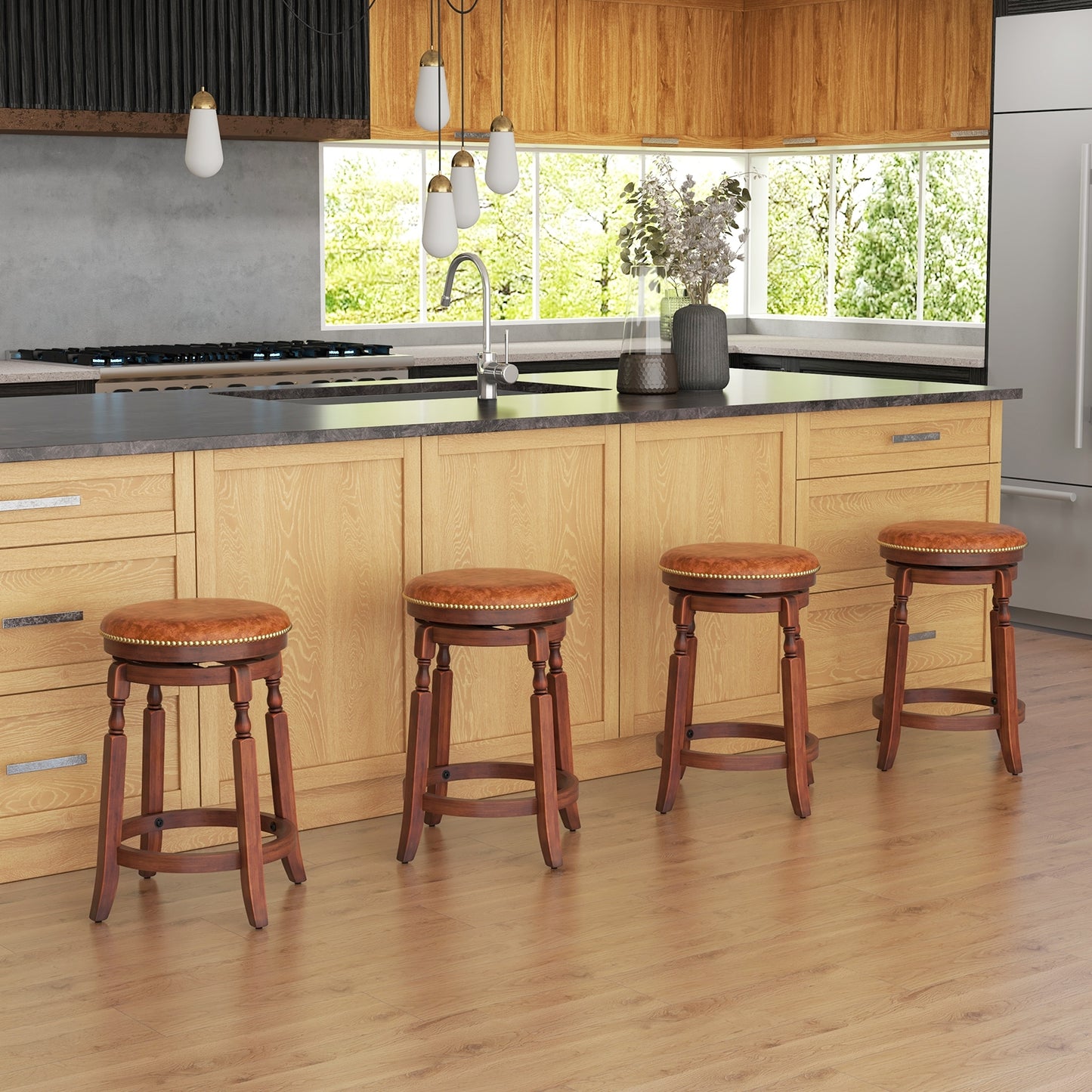 24 Inch Swivel Bar Stool Set, Upholstered Seat, Rubber Wood Frame, Brown Bar Stools at Gallery Canada