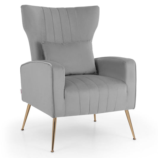 Velvet Upholstered Wingback Chair with Lumbar Pillow and Golden Metal Legs, Gray