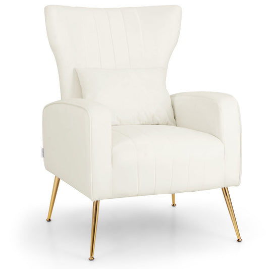 Velvet Upholstered Wingback Chair with Lumbar Pillow and Golden Metal Legs, White at Gallery Canada
