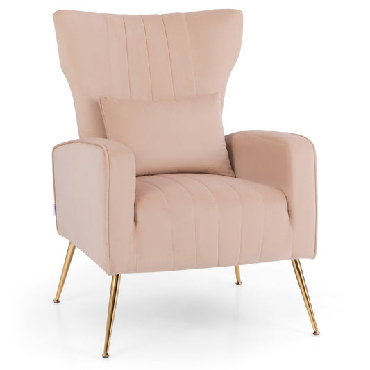 Velvet Upholstered Wingback Chair with Lumbar Pillow and Golden Metal Legs, Pink