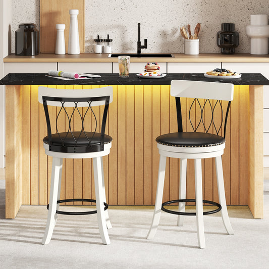 Set of 2 Bar Stools Swivel Bar Chairs with Footrest Rubber Wood Frame and Tufted Rivets-26 inches Bar Stools Options at Gallery Canada