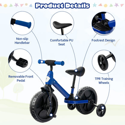 4-in-1 Kids Training Bike Toddler Tricycle with Training Wheels and  Pedals, Blue