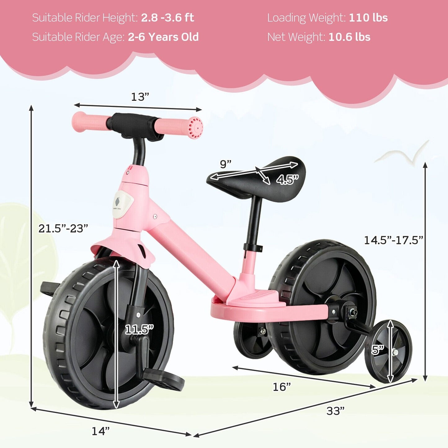 4-in-1 Kids Training Bike Toddler Tricycle with Training Wheels and  Pedals, Pink