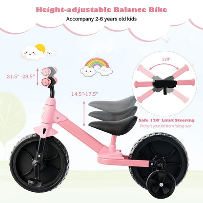 4-in-1 Kids Training Bike Toddler Tricycle with Training Wheels and  Pedals, Pink