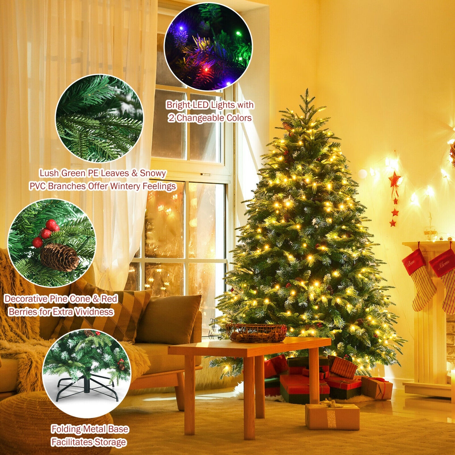 Pre-Lit Snowy Christmas Hinged Tree, Multi-Color Lights, 5 ft, Green Christmas Tree at Gallery Canada