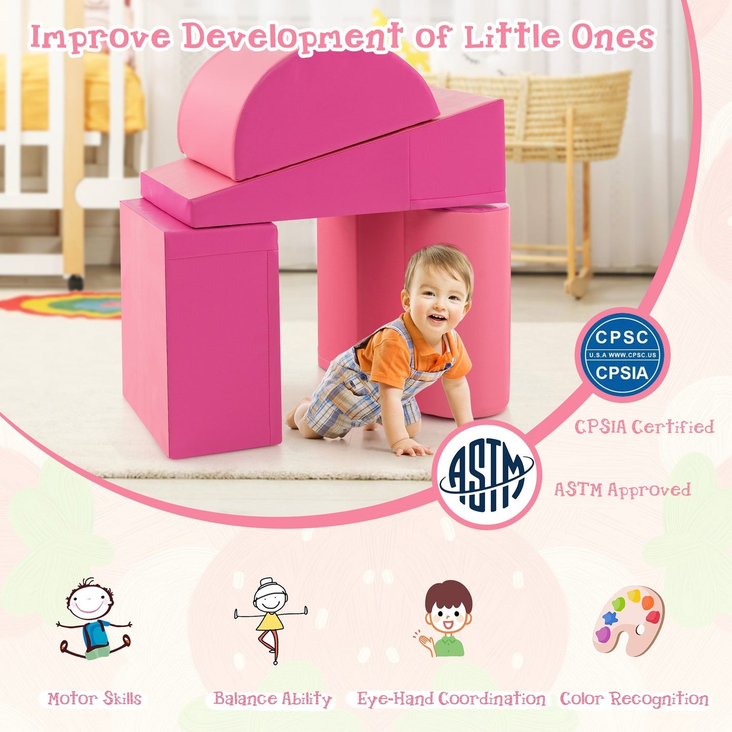 5-Piece Kids Climb and Crawl Activity Playset, Pink