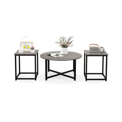 3-Piece Coffee Table Set Round Coffee Table and 2PCS Square End Tables, Gray
