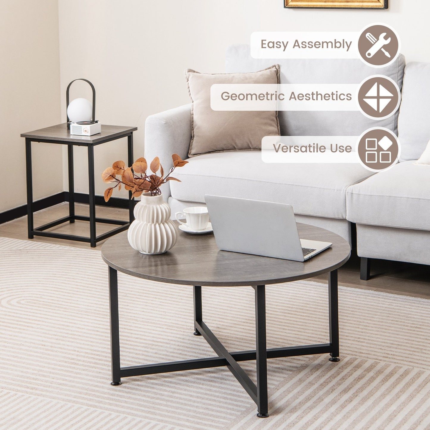 3-Piece Coffee Table Set Round Coffee Table and 2PCS Square End Tables, Gray