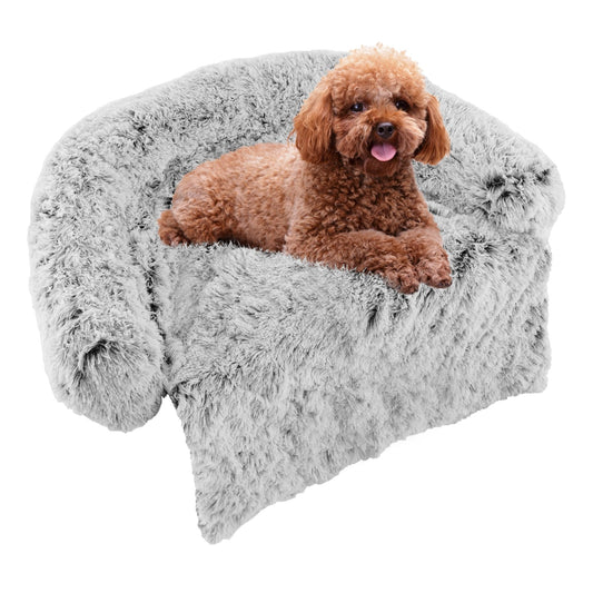 White Plush Calming Dog Couch Bed with Anti-Slip Bottom-S, White