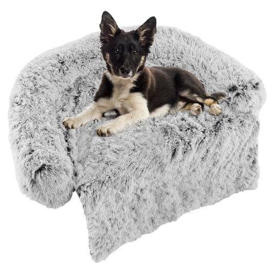 White Plush Calming Dog Couch Bed with Anti-Slip Bottom-M, White