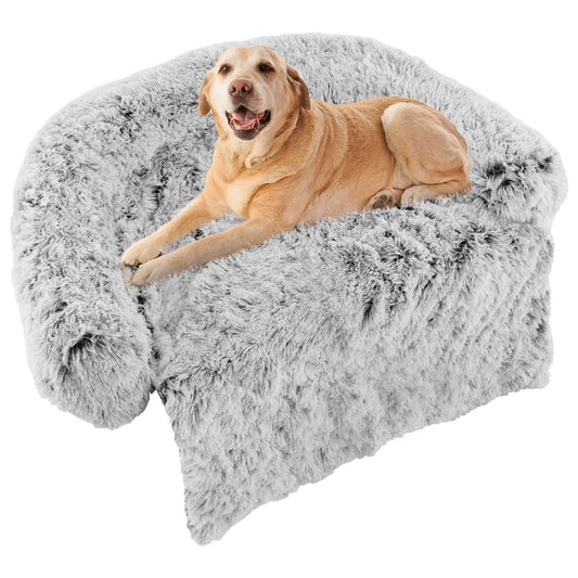 Gray Plush Calming Dog Couch Bed with Anti-Slip Bottom-L, Gray