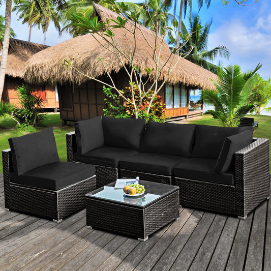 5-Piece Rattan Patio Set, Glass Table, Black