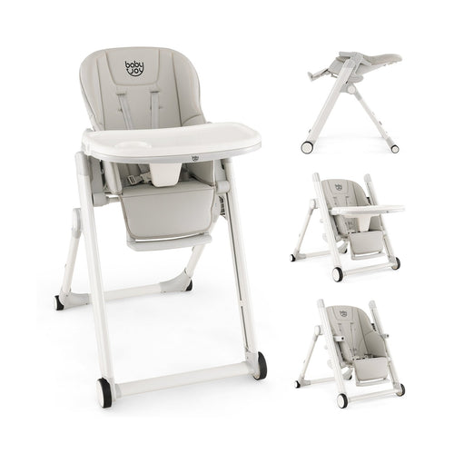 Foldable Feeding Sleep Playing High Chair with Recline Backrest for Babies and Toddlers, Light Gray