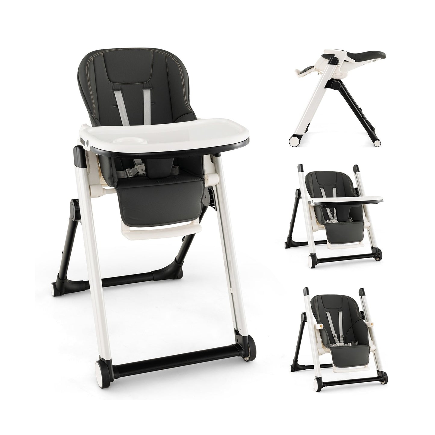 Foldable Feeding Sleep Playing High Chair with Recline Backrest for Babies and Toddlers, Dark Gray