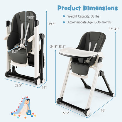 Foldable Feeding Sleep Playing High Chair with Recline Backrest for Babies and Toddlers, Dark Gray