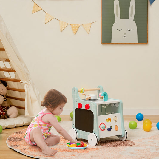 6-In-1 Wooden Baby Stroller With Play Kitchen, Blue