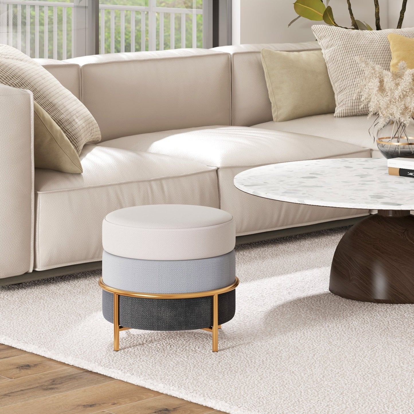 Upholstered Linen Fabric Ottoman with Gold Metal Legs and Anti-slip Foot Pads, Gray