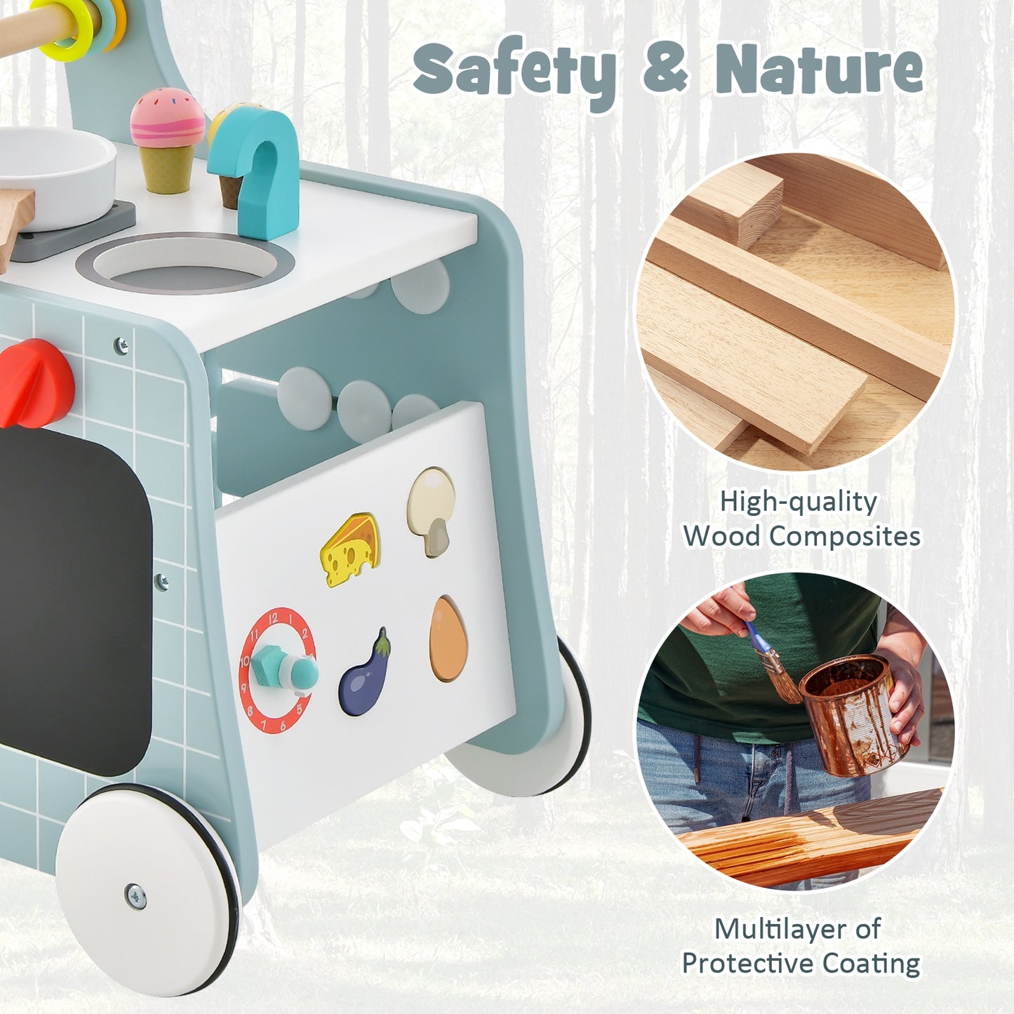 6-in-1 Wooden Baby Stroller with Play Kitchen for Kids Over 12 Months, Blue Baby Walkers at Gallery Canada