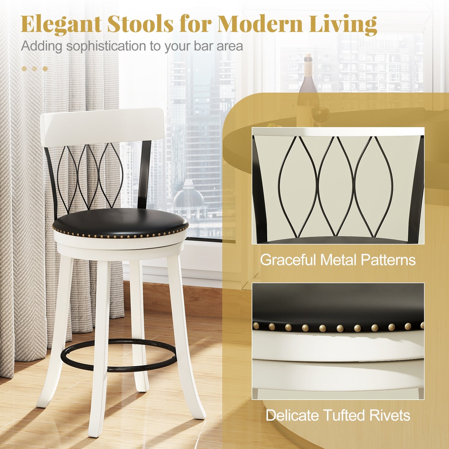 Swivel Bar Stools Set, 26 Inches, Rubber Wood Frame, Tufted Rivets