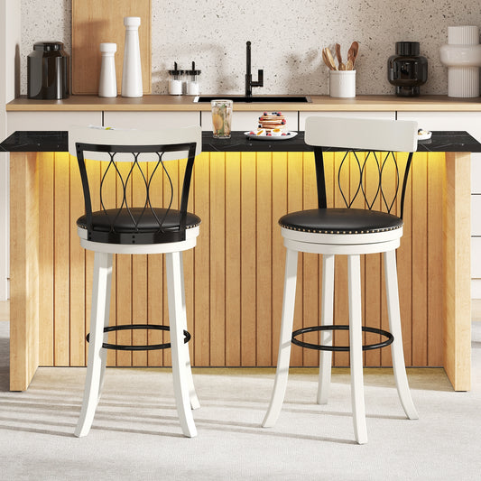 Set of 2 Bar Stools Swivel Bar Chairs with Footrest Rubber Wood Frame and Tufted Rivets-30 inches Bar Stools Options at Gallery Canada