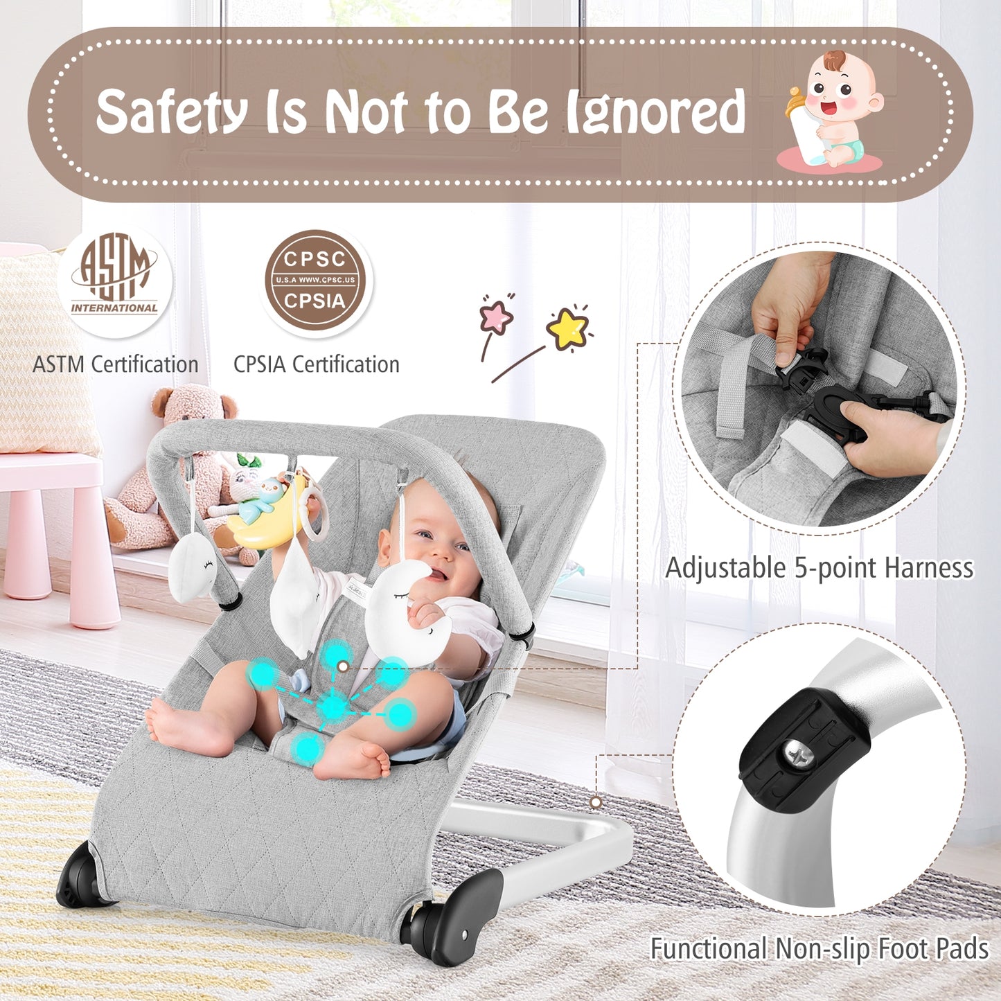 Foldable Baby Bouncer with Removable Fabric Cover and Toy Bar, Gray Baby Bouncer & Rocker at Gallery Canada