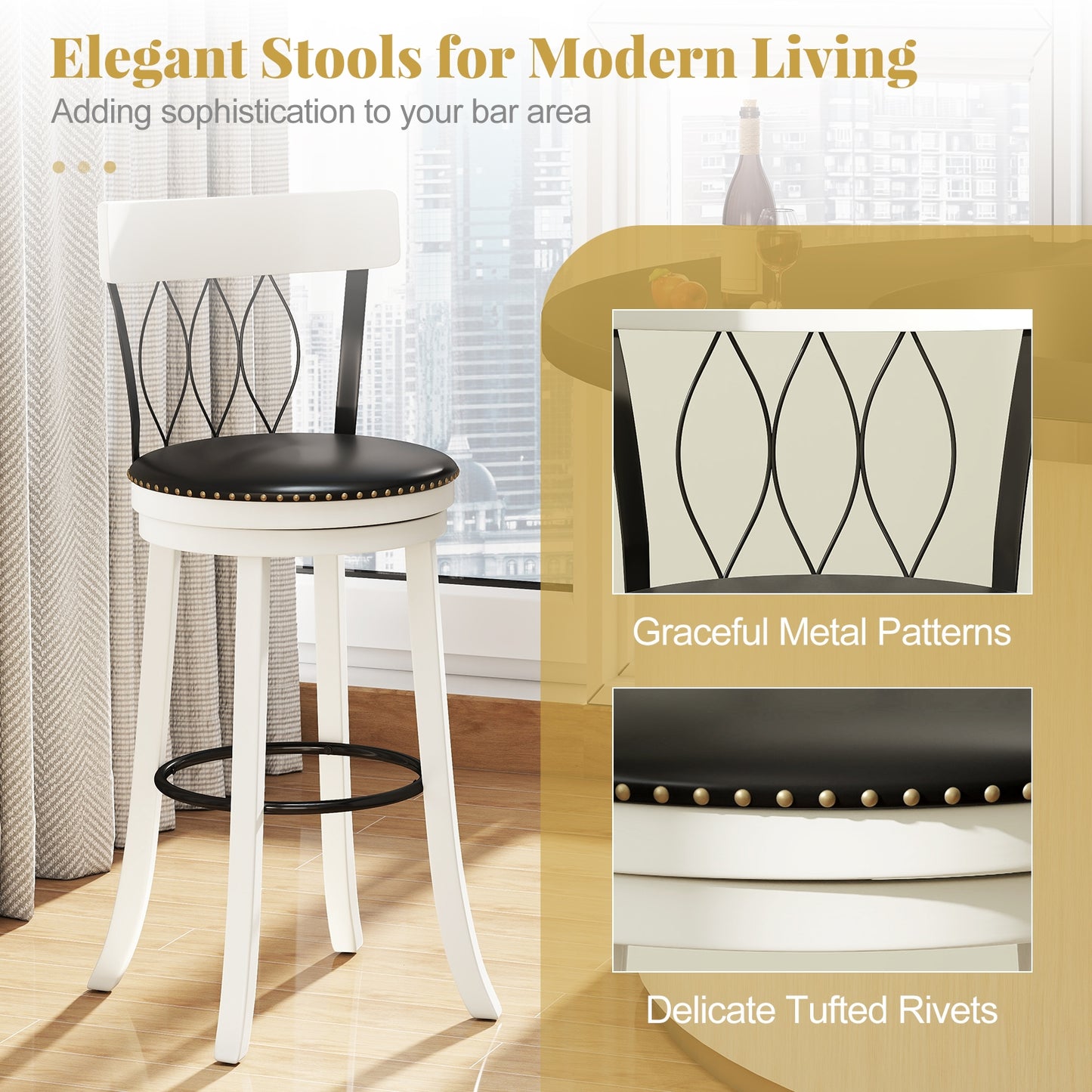 Swivel Bar Stools Set Of 2, 30 Inches, Rubber Wood Frame, Tufted Rivets Bar Stools at Gallery Canada