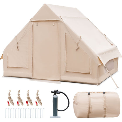 Inflatable Camping Tent 2/4/6 People Glamping Tent for Family Camping with Pump, Beige