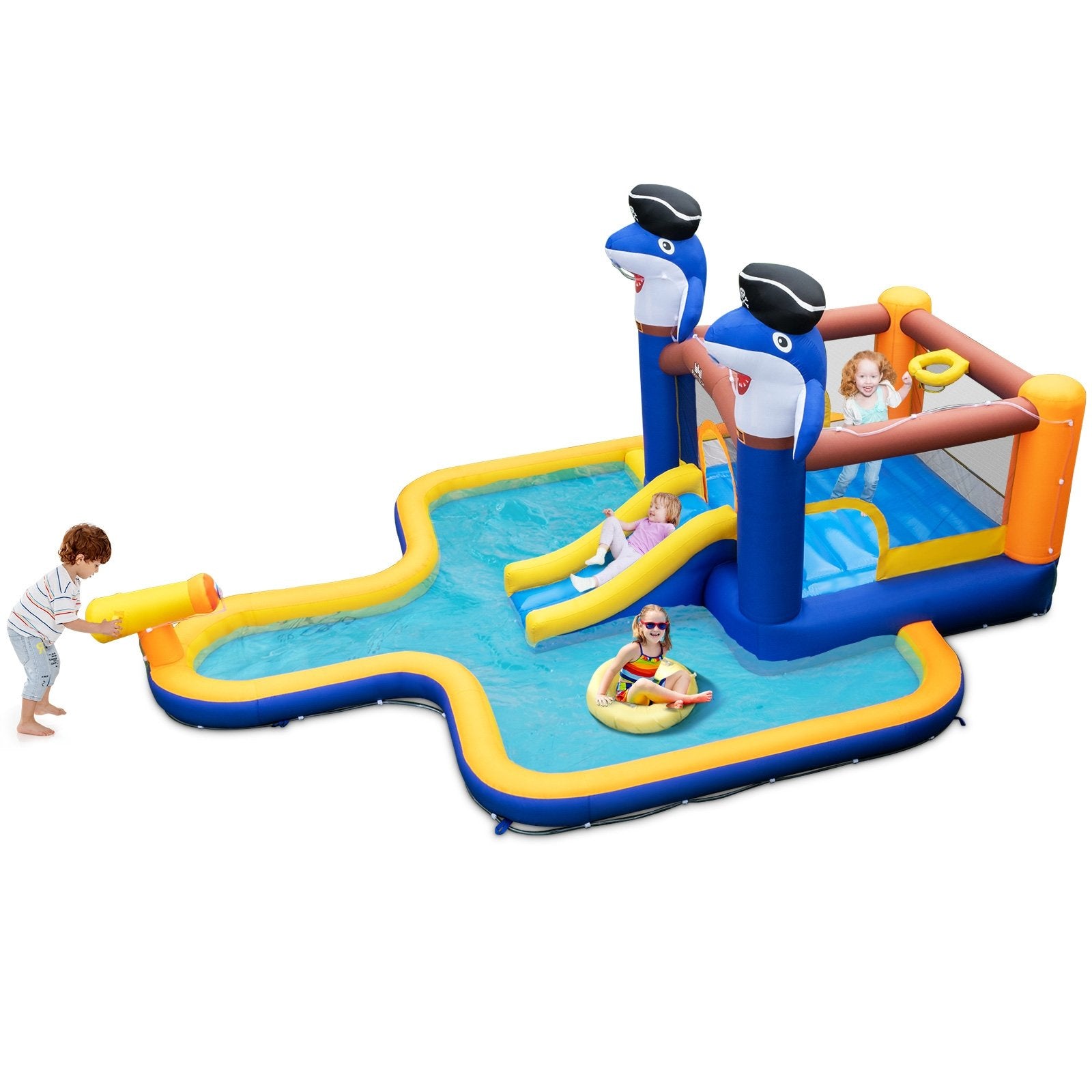 7-In-1 Water Slide Park with Splash Pool and Water Cannon without Blower, Blue at Gallery Canada