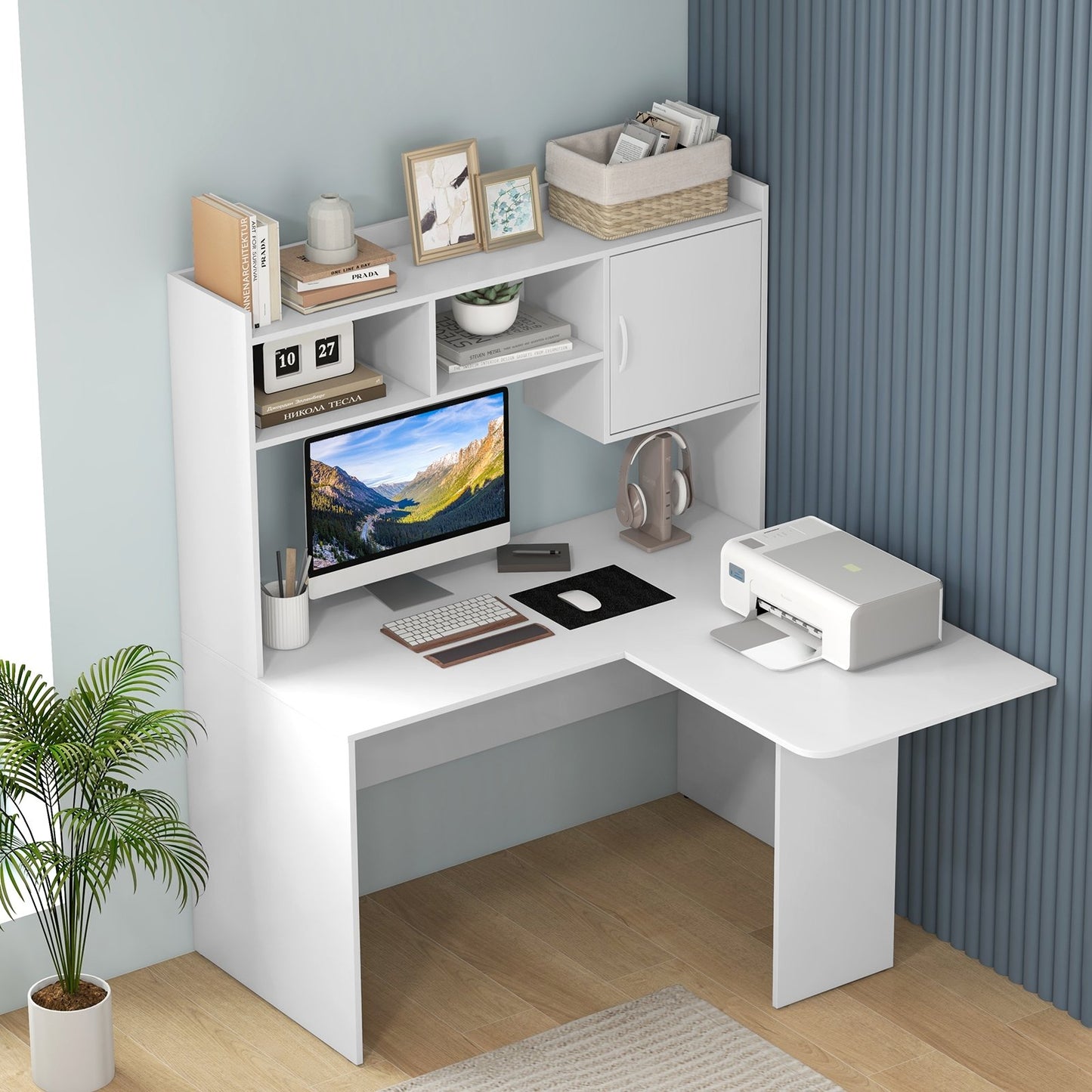 L-Shaped Desk Corner Computer Desk with Open Storage Hutch and Cabinet, White