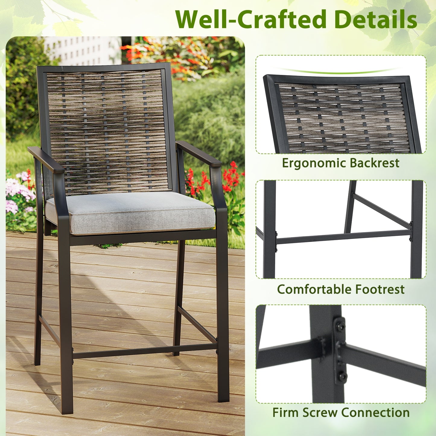 Patio Bar Stools Set of 2 Counter Height Rattan Bar Chairs with Armrest-Grey, Gray Patio Bar Furniture at Gallery Canada