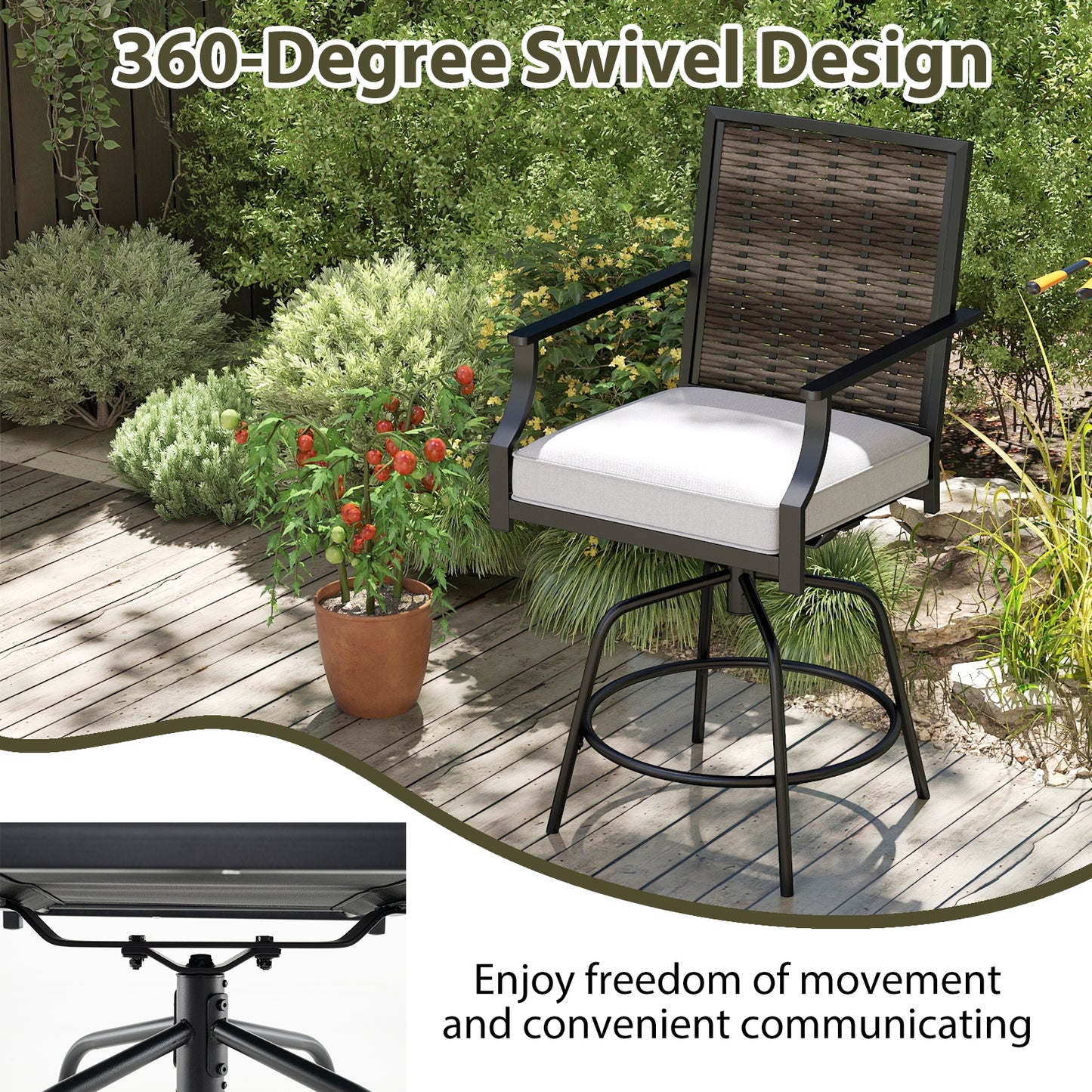 Outdoor PE Wicker Swivel Bar Stools, Set of 2, Counter Height, Gray