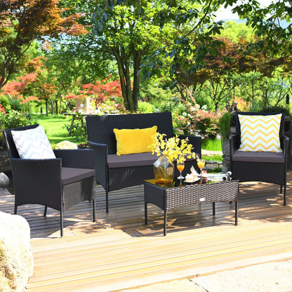 4 Pieces Patio Rattan Cushioned Sofa Set with Tempered Glass Coffee Table, Gray