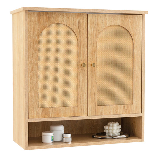 Medicine Cabinet with 2 Rattan Doors for Laundry Room Kitchen Entryway, Natural