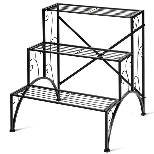 3-Tier Metal Plant Rack Garden Shelf in Stair Style, Black